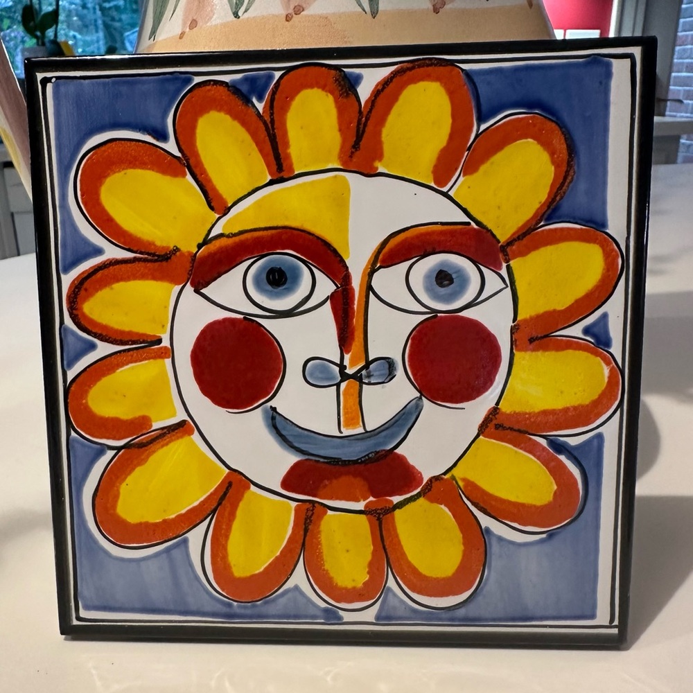 Hand Painted Tile Italy Colorful Sun Flower Face 6x6 inches